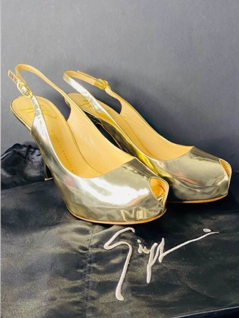 🛍️ Giuseppe Zanotti Metallic Gold Peep-Toe Slingback Heels with Dust Cover